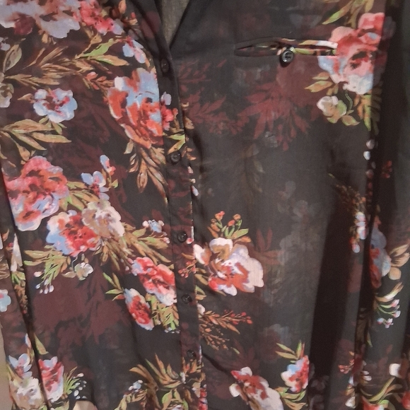Kut From The Kloth Blouse Black Floral Sheer Faux Wrap Roll Sleeves M - Picture 4 of 6